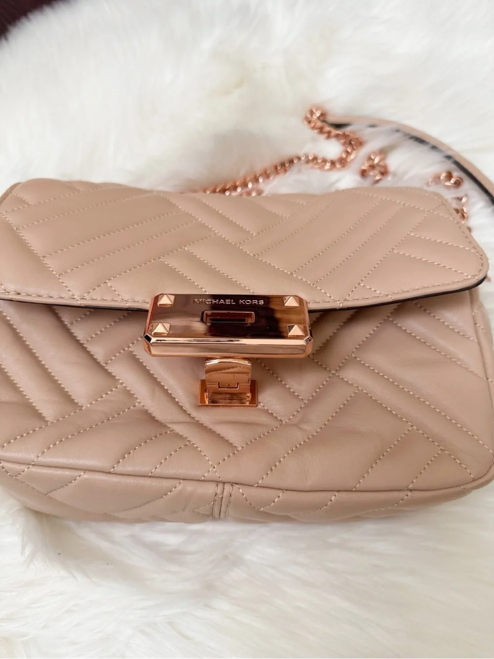 Michael Kors Quilted Blush Shoulder Bag with Rose Gold Chain